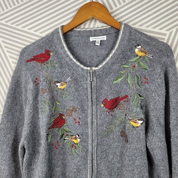Vintage Cardigan Sweater Large Holiday Cardinal Embroidered Bird Branch Autumn - Picture 3 of 8